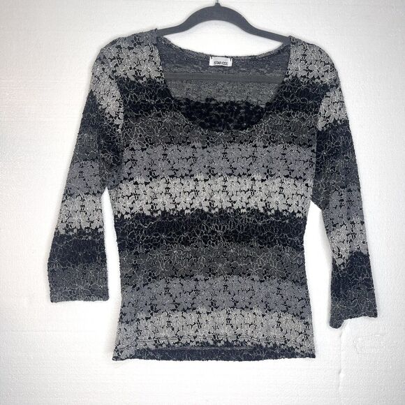 Star CC Vintage Y2K Black Grey Floral Sheer Textured 3/4 Sleeve Shirt size large - Picture 1 of 5